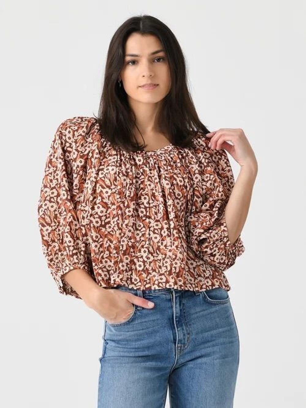 NWT Rhode Tammy Top Brown Floral Blouse Size Large